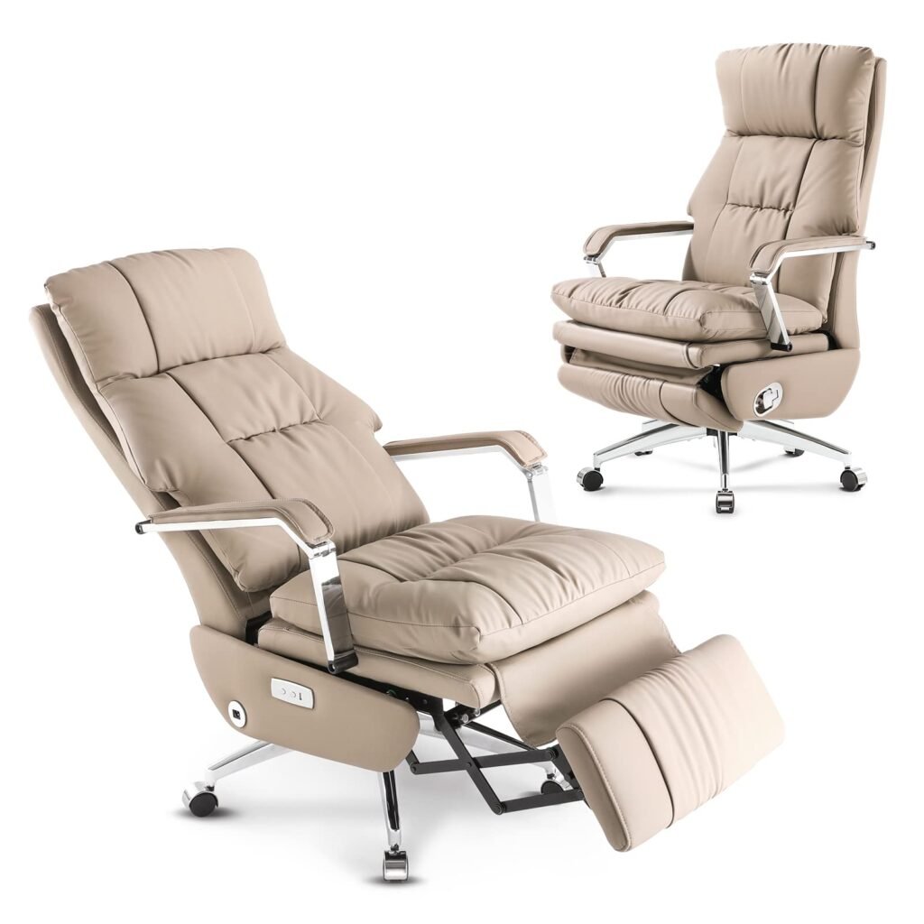 Emiah Ergonomic Executive Office Chair Big And Tall Reclining Office Chair With Footrest And Lumbar Support Electric High Back Computer Rolling Desk Chair, Genuine Leather (Beige)