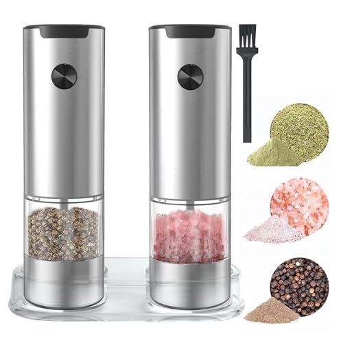 Gravity Electric Pepper And Salt Grinder Set, Salt And Pepper Mill & Adjustable Coarseness, Battery Powered With Led Light, One Hand Automatic Operation, Stainless Steel (Set/Silver)